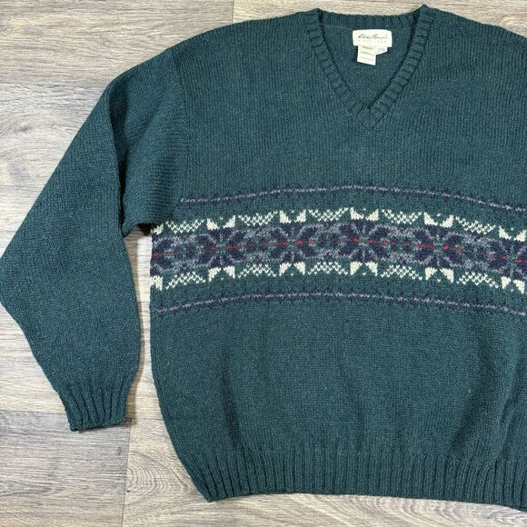 Eddie Bauer Sweater Mens XL Vintage Fair Isle Green V-Neck Wool USA Made - Picture 2 of 9